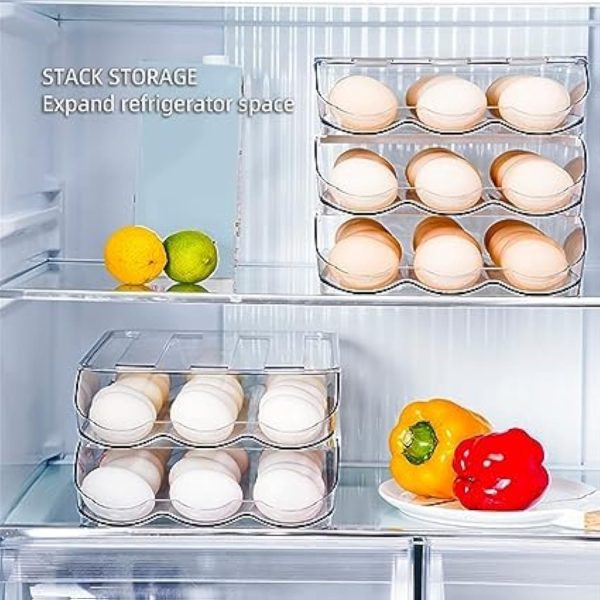 ⁦صينية بيض للثلاجة بتصميم دوار تلقائي علبة متعددة الطبقات مع غطاء تخزين شفافة للمنزل صندوق سعة 18 بيضة لكل طبقة مفرد - شفاف لتنظيم ثلاجتك من لوكسيول⁩ - الصورة ⁦4⁩