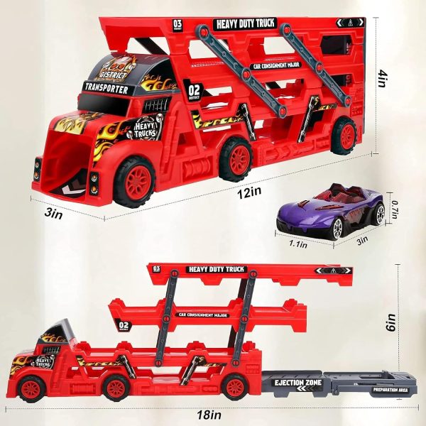 ⁦العاب شاحنة نقل سيارات للاطفال بعمر 3 سنوات، شاحنات نقل كبيرة مع 8 سيارات سباق صغيرة، هدية للاطفال الاولاد والبنات والاطفال (احمر)⁩ - الصورة ⁦2⁩