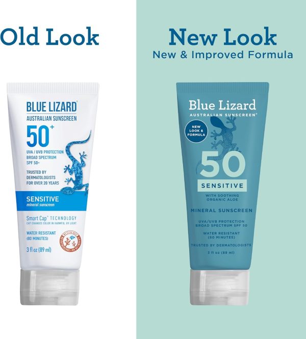 ⁦الأزرق السحلية الحساسة واقية من الشمس المعدنية مع أكسيد الزنك، SPF 50+، مقاومة للماء، UVA / UVB حماية مع سمارت كاب التكنولوجيا - العطر الحرة، وريف الآمن، أنبوب 3 فلوريدا أوقية (حزمة من 1)، 3.0 اونصة⁩ - الصورة ⁦4⁩