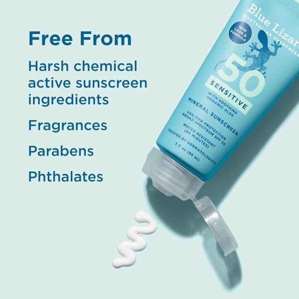 ⁦الأزرق السحلية الحساسة واقية من الشمس المعدنية مع أكسيد الزنك، SPF 50+، مقاومة للماء، UVA / UVB حماية مع سمارت كاب التكنولوجيا - العطر الحرة، وريف الآمن، أنبوب 3 فلوريدا أوقية (حزمة من 1)، 3.0 اونصة⁩ - الصورة ⁦6⁩