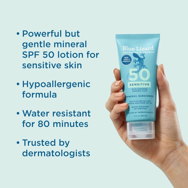 ⁦الأزرق السحلية الحساسة واقية من الشمس المعدنية مع أكسيد الزنك، SPF 50+، مقاومة للماء، UVA / UVB حماية مع سمارت كاب التكنولوجيا - العطر الحرة، وريف الآمن، أنبوب 3 فلوريدا أوقية (حزمة من 1)، 3.0 اونصة⁩ - الصورة ⁦2⁩