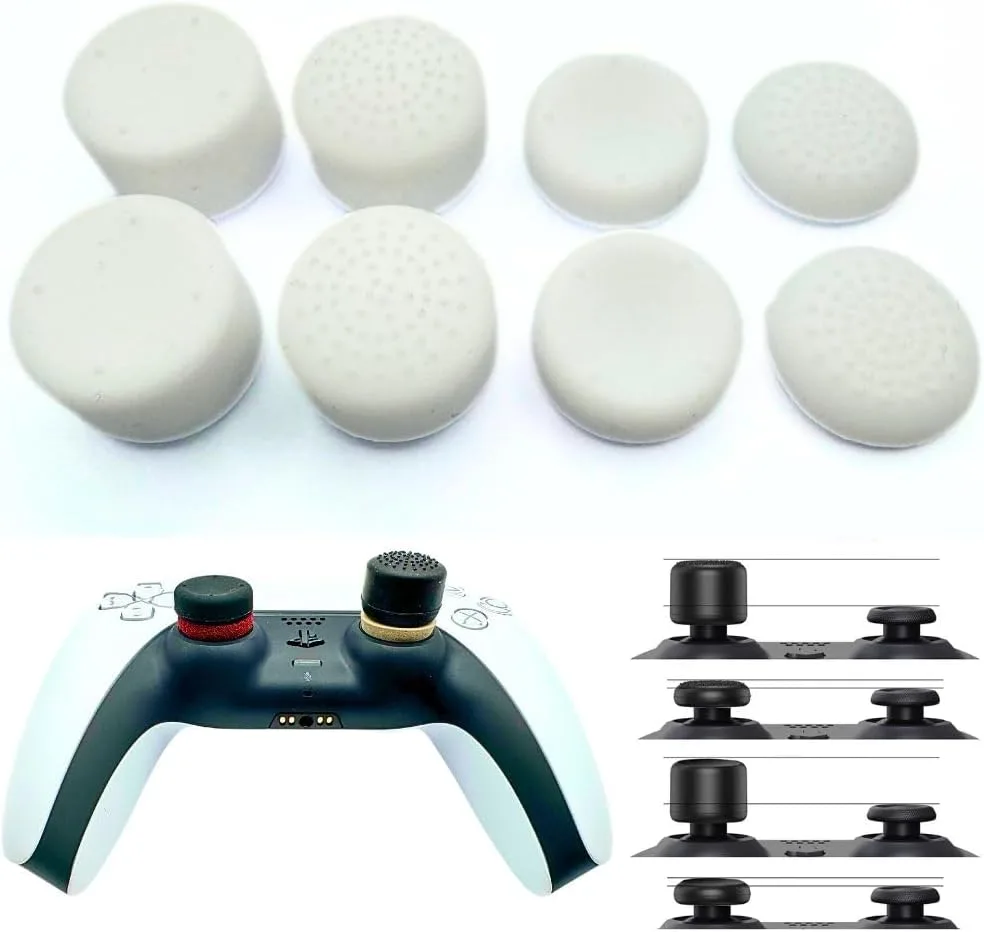 مجموعة مقابض ابهام مريحة من ماد فيجن® من 4 ازواج (8 قطع) لاجهزة التحكم متوافقة مع PS5|PS4|Xbox سلسلة X-S/One/360|نينتندو سويتش برو. ارتفاعات وملمس مختلف [14/8/6 ملم] - ابيض
