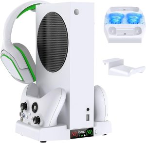 حامل تبريد عمودي لوحدة تحكم Xbox Series S قاعدة شحن مزدوجة لوحدة التحكم مع مراوح تبريد رياح قابلة للتعديل بـ 3 مستويات وحامل سماعة رأس ملحقات شاحن تبريد رغوة