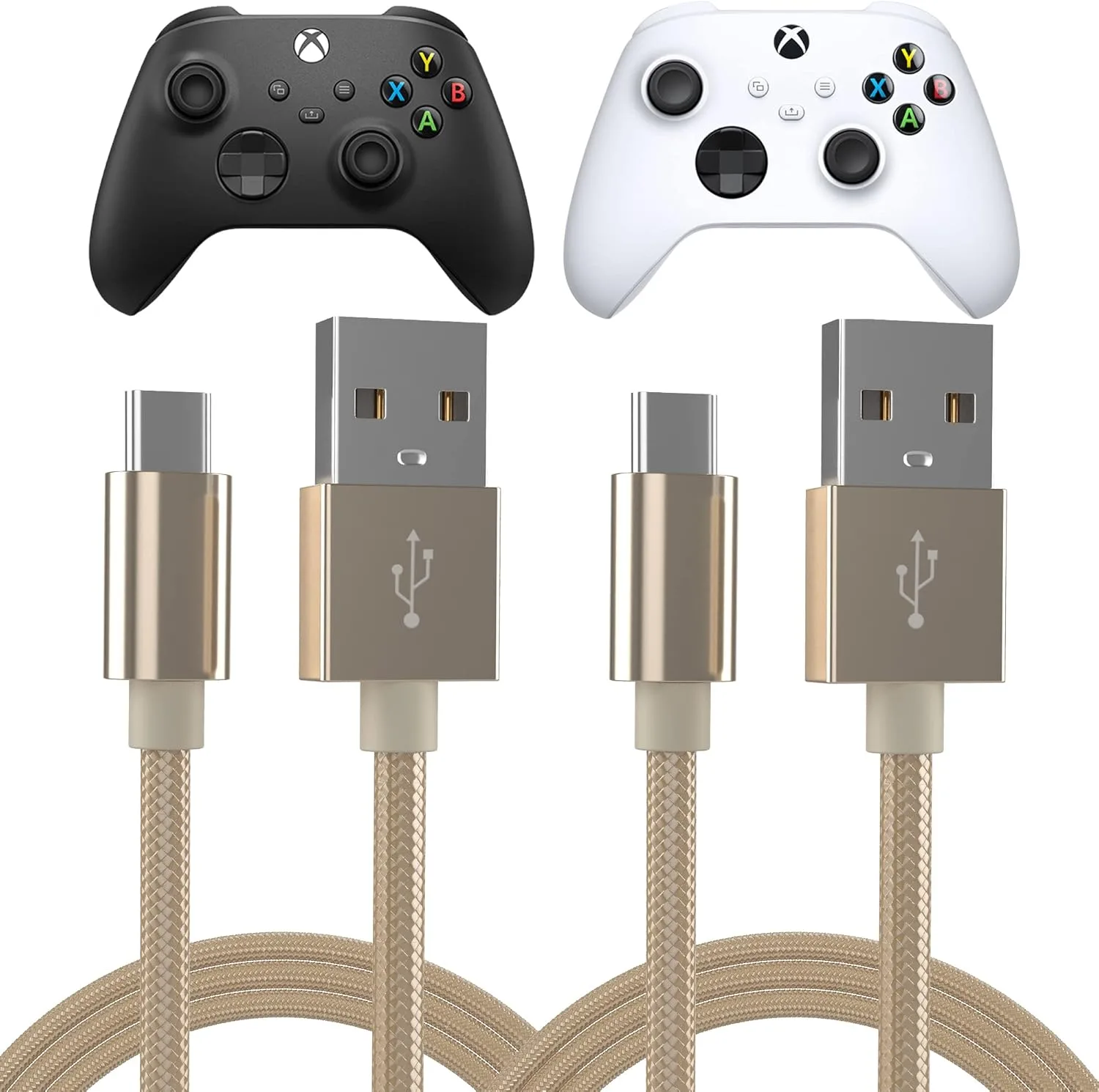 توك وركس كيبل شاحن لوحدة التحكم متوافق مع ذراع تحكم Xbox X/S، USB C الى USB A - سلك شحن سريع مغطى بالنايلون بطول 6 قدم لجهاز اكس بوكس اكس/اس (ذهبي، عبوة من قطعتين)