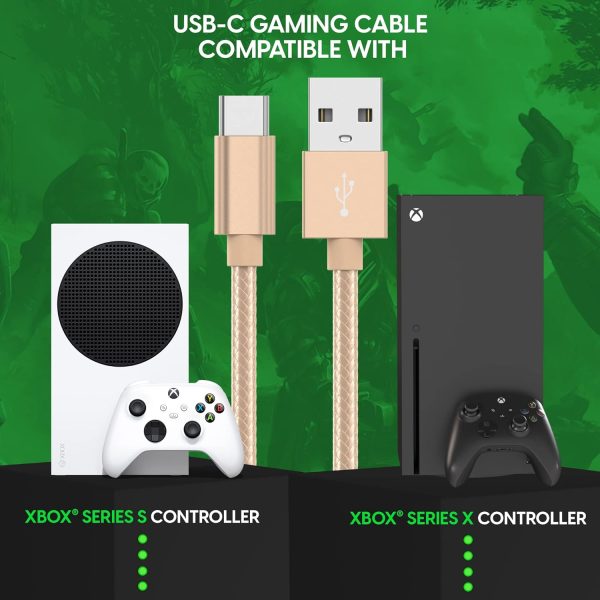 ⁦توك وركس كيبل شاحن لوحدة التحكم متوافق مع ذراع تحكم Xbox X/S، USB C الى USB A - سلك شحن سريع مغطى بالنايلون بطول 6 قدم لجهاز اكس بوكس اكس/اس (ذهبي، عبوة من قطعتين)⁩ - الصورة ⁦6⁩