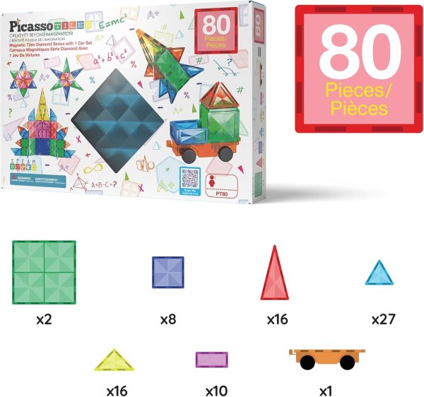 ⁦مجموعة ألعاب البناء المغناطيسية المكونة من 80 قطعة PicassoTiles مكعبات بلاط مغناطيسية ماسية مع تعلم STEM لشاحنة السيارة منشئ التعليم المبكر للأطفال الصغار والأولاد والبنات م بلاستيك⁩ - الصورة ⁦7⁩