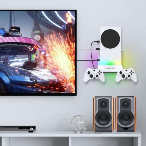 ⁦حامل يثبت على الحائط لجهاز Xbox Series S من جوريكسر، حامل مروحة تبريد باضاءة RGB عمودية مع 2 × حامل وحدة تحكم ومنافذ USB ممتدة لوحدة تحكم Xbox Series S⁩ - الصورة ⁦6⁩