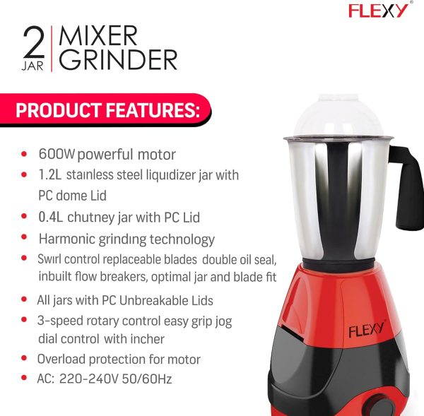 ⁦فلكسي® خلاط هندي قوي 600 واط مع برطمانات من الستانلس ستيل - ضمان لمدة عامين، FMG555_CR، أحمر⁩ - الصورة ⁦2⁩
