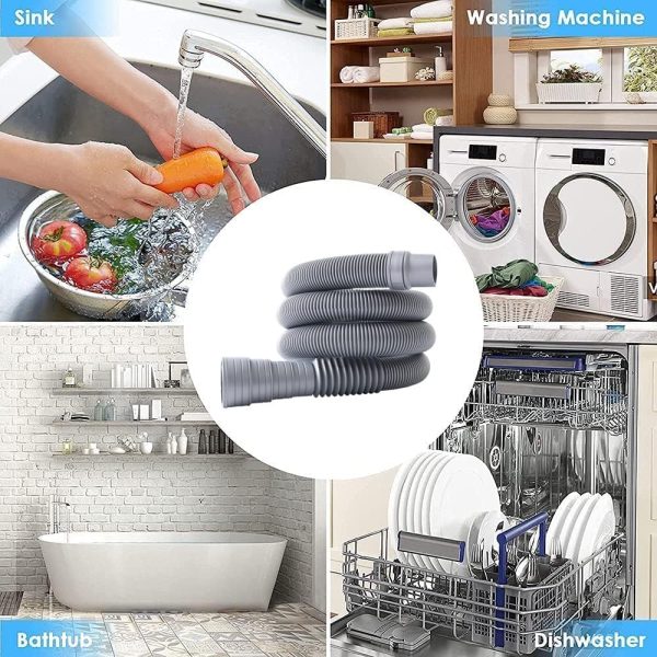 ⁦خرطوم تصريف متعدد الاستخدامات للغسالة، مجموعات تمديد خرطوم تصريف مرنة لغسالة الصحون، خرطوم غسالة مموج مع محول تمديد واحد، مشبكين خرطوم، 1 حامل خرطوم منحني على شكل حرف U (6 قدم)⁩ - الصورة ⁦8⁩