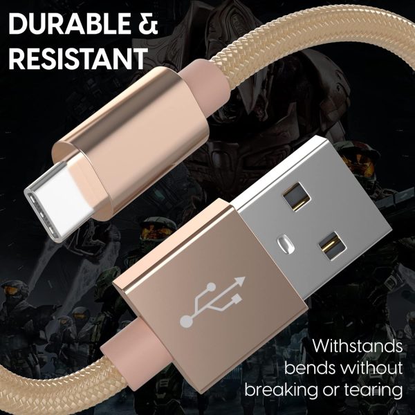 ⁦توك وركس كيبل شاحن لوحدة التحكم متوافق مع ذراع تحكم Xbox X/S، USB C الى USB A - سلك شحن سريع مغطى بالنايلون بطول 6 قدم لجهاز اكس بوكس اكس/اس (ذهبي، عبوة من قطعتين)⁩ - الصورة ⁦5⁩