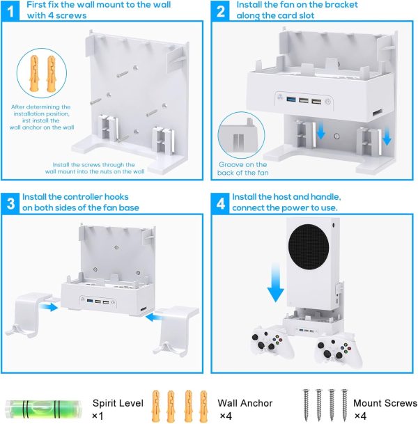 ⁦حامل يثبت على الحائط لجهاز Xbox Series S من جوريكسر، حامل مروحة تبريد باضاءة RGB عمودية مع 2 × حامل وحدة تحكم ومنافذ USB ممتدة لوحدة تحكم Xbox Series S⁩ - الصورة ⁦4⁩
