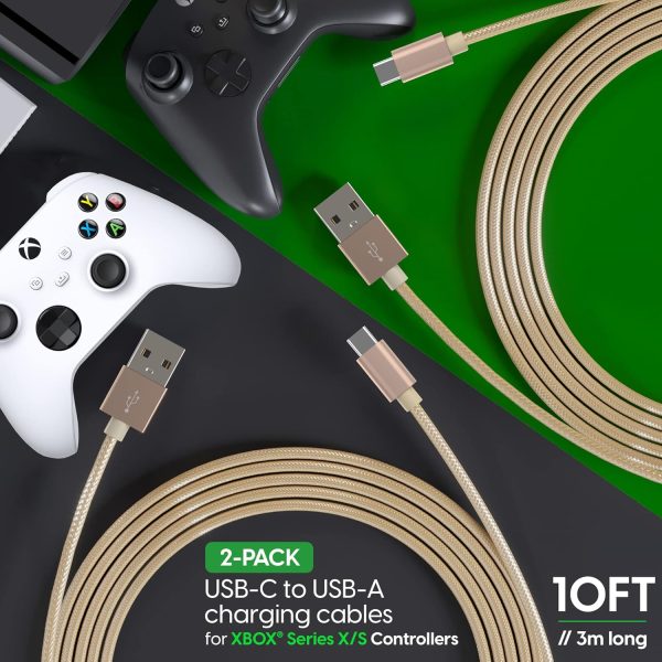⁦توك وركس كيبل شاحن لوحدة التحكم متوافق مع ذراع تحكم Xbox X/S، USB C الى USB A - سلك شحن سريع مغطى بالنايلون بطول 6 قدم لجهاز اكس بوكس اكس/اس (ذهبي، عبوة من قطعتين)⁩ - الصورة ⁦2⁩
