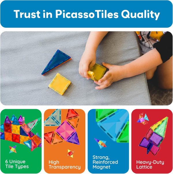 ⁦مجموعة ألعاب البناء المغناطيسية المكونة من 80 قطعة PicassoTiles مكعبات بلاط مغناطيسية ماسية مع تعلم STEM لشاحنة السيارة منشئ التعليم المبكر للأطفال الصغار والأولاد والبنات م بلاستيك⁩ - الصورة ⁦6⁩