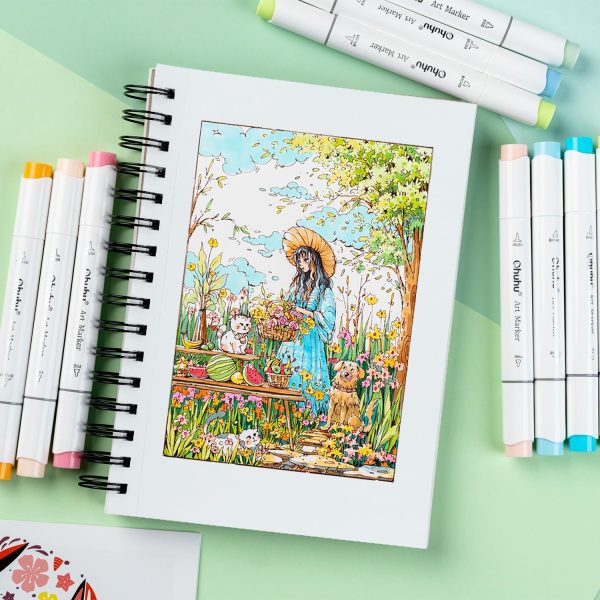 ⁦دفتر رسم فني مزدوج الجوانب ومقاوم لتسرب الحبر من اوهوهو، دفتر رسم لأقلام التحديد من ورق رسم ناعم بوزن 150 جرامًا لكل متر مربع - 60 ورقة/120 صفحة، مجلد بسلك حلزوني (14 × 22 سم)⁩ - الصورة ⁦9⁩