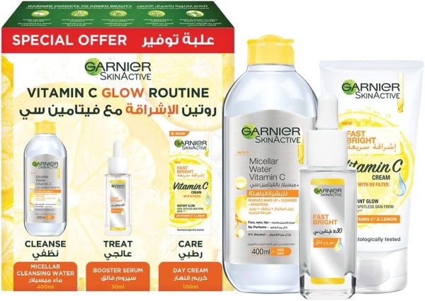 مجموعة العناية بالبشرة سكين اكتيف فاست برايت بـ3 خطوات مع فيتامين C من غارنييه
