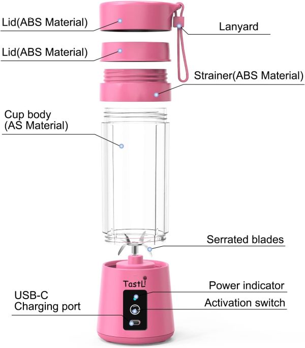 ⁦خلاط محمول كوب شخصي صغير للمخفوقات والعصائر قابل لاعادة الشحن عبر منفذ USB كهربائي لصنع خليط البروتين وعصير الفاكهة زهري من رونجشنجفا 75 كيلو واط⁩ - الصورة ⁦3⁩