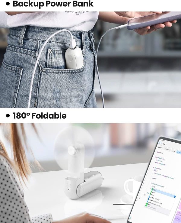 ⁦كويه مروحة صغيرة محمولة قابلة لاعادة الشحن بمنفذ USB وبطارية 1200mAh و3 سرعات للتعديل رموش شخصية للطي للفتيات والنساء للسفر والاماكن الخارجية ابيض 8.0 واط⁩ - الصورة ⁦6⁩