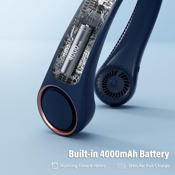 ⁦مروحة رقبة شخصية قابلة لاعادة الشحن بمنفذ USB مراوح محمولة بدون شفرات استخدام اليدين 4000mAh 3 سرعات 72 هواء اسرع اكثر نعومة 360 درجة هادئة للغاية هدية مناسبة للمنزل والمكتب والسفر، 3.0 واط ساعي، أزرق⁩ - الصورة ⁦7⁩
