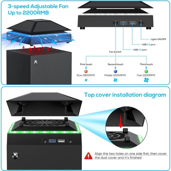 ⁦غطاء غبار لمروحة التبريد لوحدة تحكم Xbox Series X، نظام تبريد مع ضوء RGB ومنفذ USB 3.0 و2.0، فلتر مقاوم للغبار، مروحة علوية منخفضة الضوضاء مع 3 تروس وسدادات غبار مطاطية، ملحقات سلسلة اكس⁩ - الصورة ⁦4⁩
