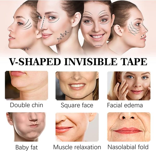 ⁦شريط شد الوجه ستيكرات لاصقة غير مرئية على شكل حرف V للوجه رقع رفع خط الذقن المزدوج ملصقات المزدوجة والتجاعيد حول العينين والرقبة ورفع الجلد المترهل ادوات تجميل وشد 80 قطعة شفاف⁩ - الصورة ⁦3⁩