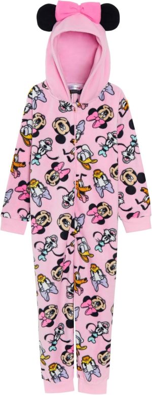 Disney Minnie Mouse Onesie with 3D Ears Hood Girls All in One Pyjamas Kids Fleece Pjs Dress Up Nightwear