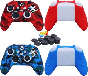 Silicone Skin Cover Case for Xbox Series Controllers, Soft Anti-Slip Rubber Protector Accessories (2 pack) with Thumb Grip Caps (Camouflage Red & Blue)
