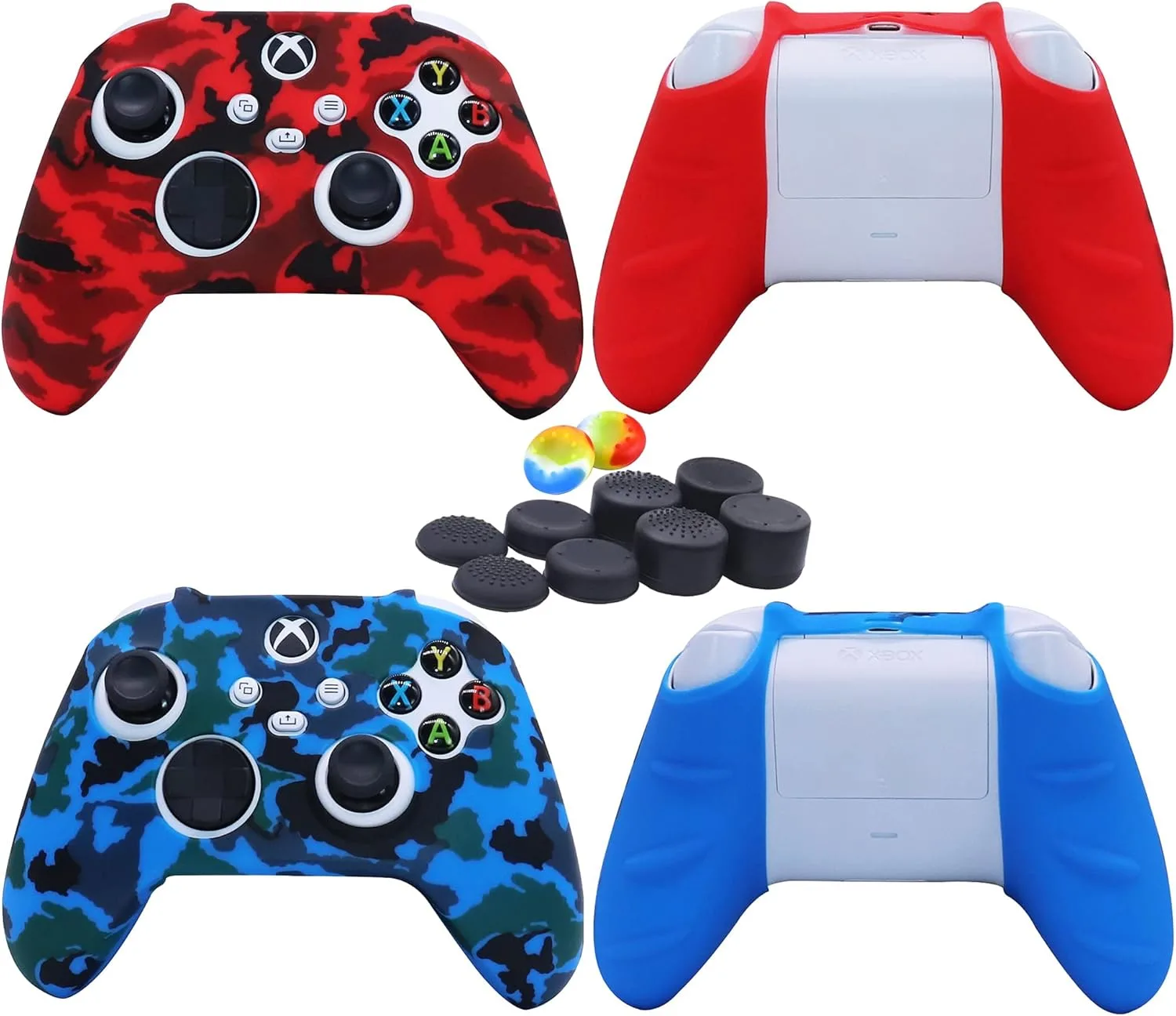 Silicone Skin Cover Case for Xbox Series Controllers, Soft Anti-Slip Rubber Protector Accessories (2 pack) with Thumb Grip Caps (Camouflage Red & Blue)