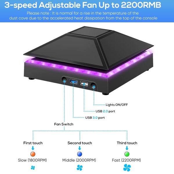 ⁦غطاء غبار لمروحة التبريد لوحدة تحكم Xbox Series X، نظام تبريد مع ضوء RGB ومنفذ USB 3.0 و2.0، فلتر مقاوم للغبار، مروحة علوية منخفضة الضوضاء مع 3 تروس وسدادات غبار مطاطية، ملحقات سلسلة اكس⁩ - الصورة ⁦7⁩