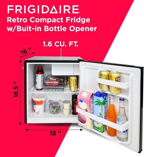 ⁦ثلاجة صغيرة من FRIGIDAIRE EFR176- AMZ EFR176 ريترو - موفرة للطاقة - قابلة للتعديل للتحكم في درجة الحرارة - فتاحة زجاجات مثبتة على الجانب - مثالية للمبنى والمكتب والمنزل والجراج والشقة 1.6 قدم مكعب⁩ - الصورة ⁦2⁩