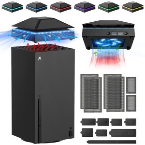 غطاء غبار لمروحة التبريد لوحدة تحكم Xbox Series X، نظام تبريد مع ضوء RGB ومنفذ USB 3.0 و2.0، فلتر مقاوم للغبار، مروحة علوية منخفضة الضوضاء مع 3 تروس وسدادات غبار مطاطية، ملحقات سلسلة اكس