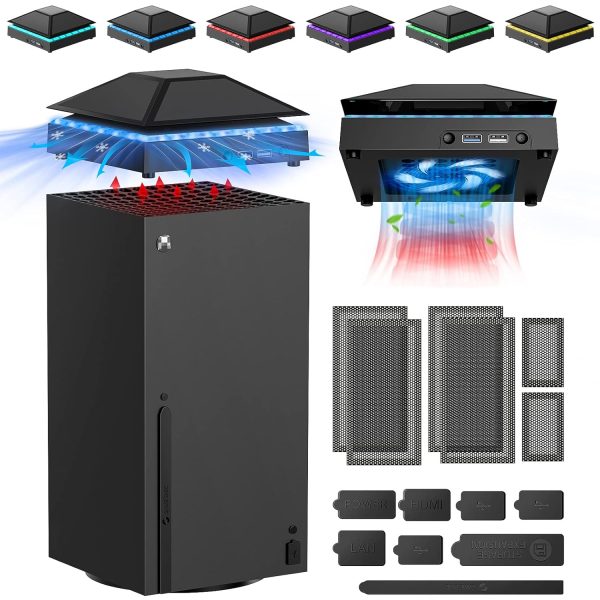 غطاء غبار لمروحة التبريد لوحدة تحكم Xbox Series X، نظام تبريد مع ضوء RGB ومنفذ USB 3.0 و2.0، فلتر مقاوم للغبار، مروحة علوية منخفضة الضوضاء مع 3 تروس وسدادات غبار مطاطية، ملحقات سلسلة اكس