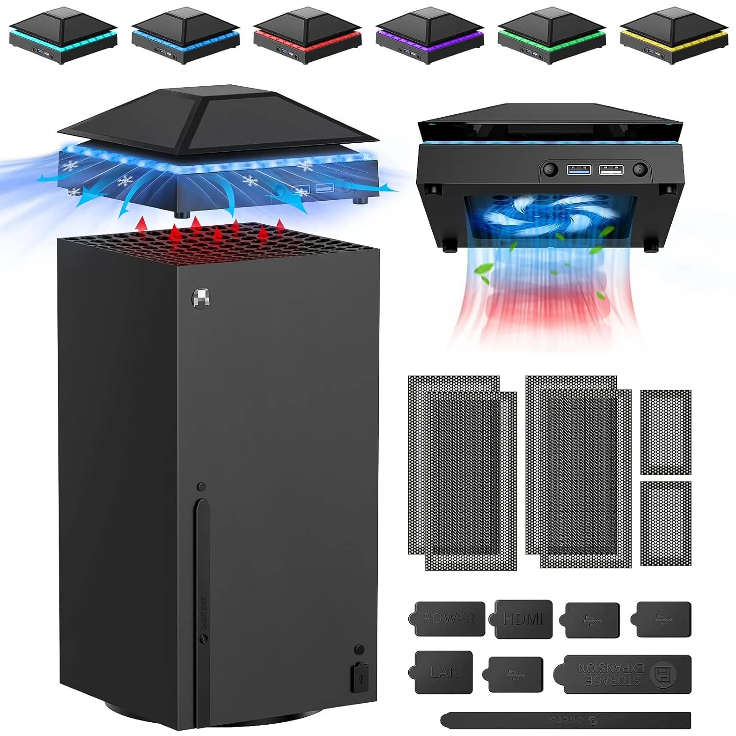 غطاء غبار لمروحة التبريد لوحدة تحكم Xbox Series X، نظام تبريد مع ضوء RGB ومنفذ USB 3.0 و2.0، فلتر مقاوم للغبار، مروحة علوية منخفضة الضوضاء مع 3 تروس وسدادات غبار مطاطية، ملحقات سلسلة اكس