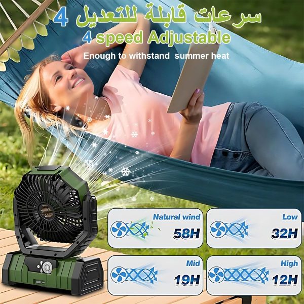 ⁦مروحة تخييم مع اضواء LED 20000mAh 100 ساعة تعمل بالبطارية 4 سرعات قابلة لاعادة الشحن جهاز تحكم عن بعد وخطاف تعليق محمولة متذبذبة 270 درجة USB نوع C 15 واط للخيمة الخارجية أخضر⁩ - الصورة ⁦3⁩