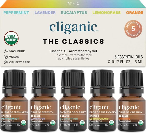 مجموعة زيوت عطرية عضوية من كليغانك للعلاج العطري (افضل 5 انواع) بتركيبة طبيعية نقية 100% بالنعناع واللافندر والاوكالبتوس وعشب الليمون والبرتقال