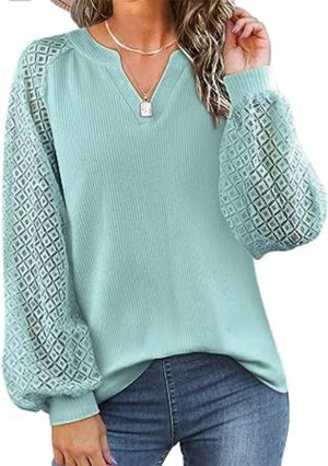Women's V-Neck Long Sleeve Tops Lace Casual Loose Blouses T Shirts