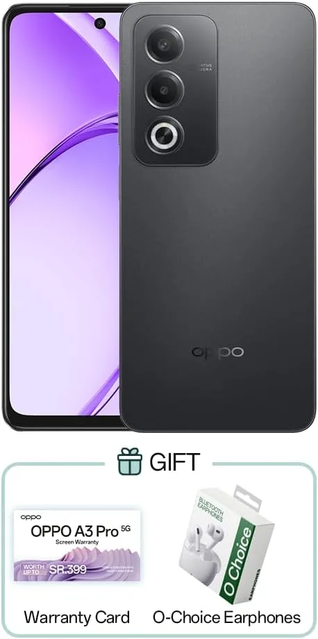 اوبو موبايل A3 برو 5G ثنائي شرائح الاتصال بذاكرة رام 8 جيجابايت - داخلية 256 اصدار المملكة العربية السعودية سماعة اذن بلوتوث هدية او تشويس أسود لامع