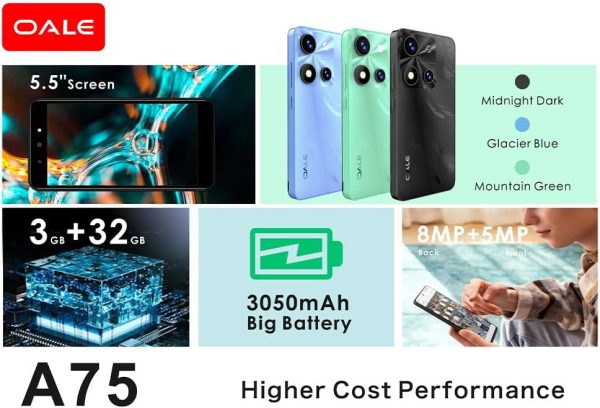 ⁦اول شريحة اتصال ثلاثية A75، 5.5 بوصة، ذاكرة رام 3 جيجابايت، ذاكرة روم 32 جيجابايت، شبكة الجيل الرابع 4G (ازرق جليدي)⁩ - الصورة ⁦6⁩