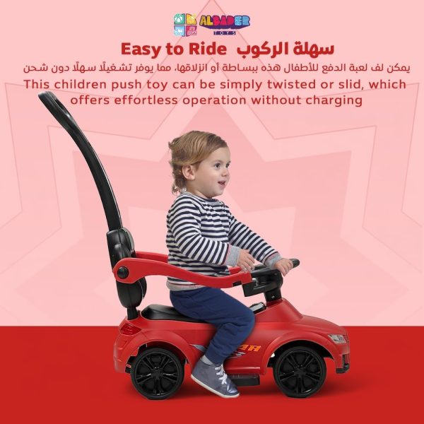 ⁦لعبة سيارة ركوب 3 في 1 من البدر - ألعاب ركوب بتصميم عصري، سيارة دفع متينة للأطفال مع موسيقى| قضيب أمان ومقبض دفع، سيارة دفع مناسبة لعمر 1 إلى 5 سنوات، لون أحمر⁩ - الصورة ⁦3⁩