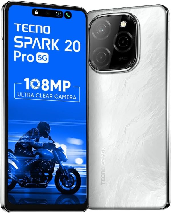 ⁦تكنو سبارك 20 برو 5G ابيض لامع 8GB+256GB | تصوير فائق الوضوح 108MP تصميم بيضاوي معالج MTK D6080 شاشة ال تي بي اس سي دي 6.75 انش 120Hz بطارية 5000mAh - 33 واط الجيل الخامس بشريحتين⁩ - الصورة ⁦3⁩