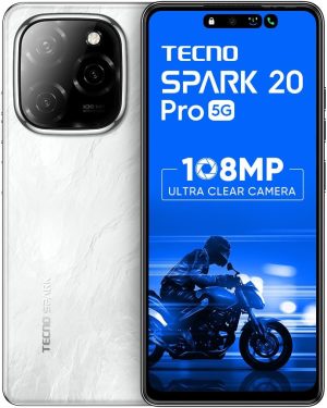 تكنو سبارك 20 برو 5G ابيض لامع 8GB+256GB | تصوير فائق الوضوح 108MP تصميم بيضاوي معالج MTK D6080 شاشة ال تي بي اس سي دي 6.75 انش 120Hz بطارية 5000mAh - 33 واط الجيل الخامس بشريحتين