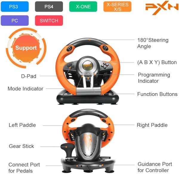 ⁦عجلة قيادة سيارة بي اكس ان V3II عالمية 180 درجة USB مع دواسات لاجهزة PS3 وPS4 وXbox One Series XS ونينتندو سويتش برتقالي بوكس ون سيريز⁩ - الصورة ⁦2⁩