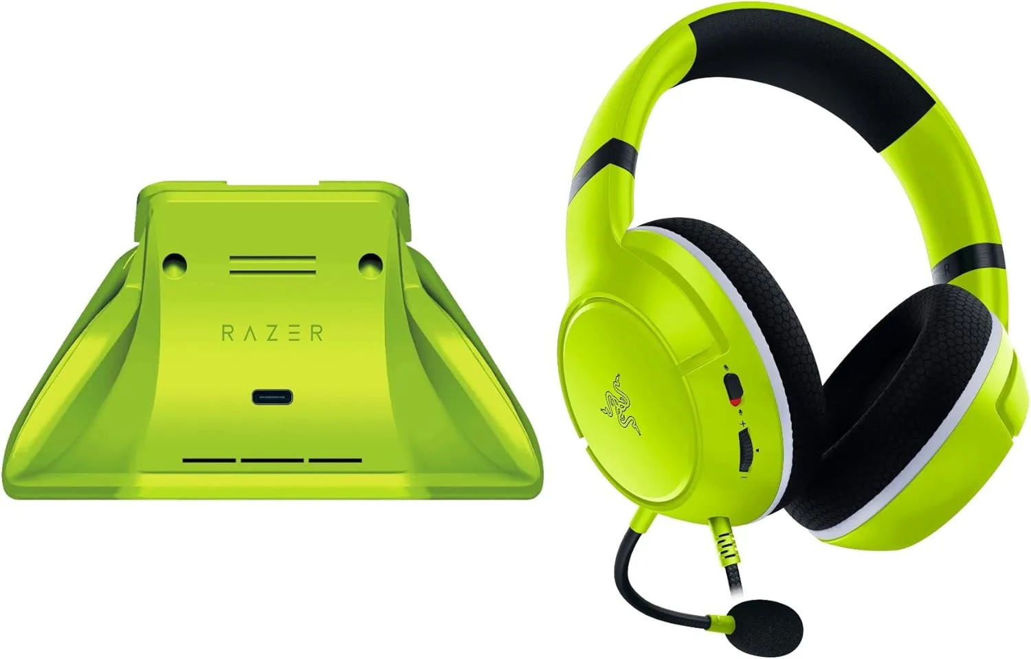 ريزر حزمة مزدوجة أساسية لجهاز Xbox: سماعة رأس سلكية من كايرا اكس وحامل شحن سريع عالمي لوحدات تحكم Xbox - تطابق الألوان مع وحدات تحكم Xbox سلسلة X|S الرسمية (تباع بشكل منفصل) - فولت كهربائي، فوق الاذن