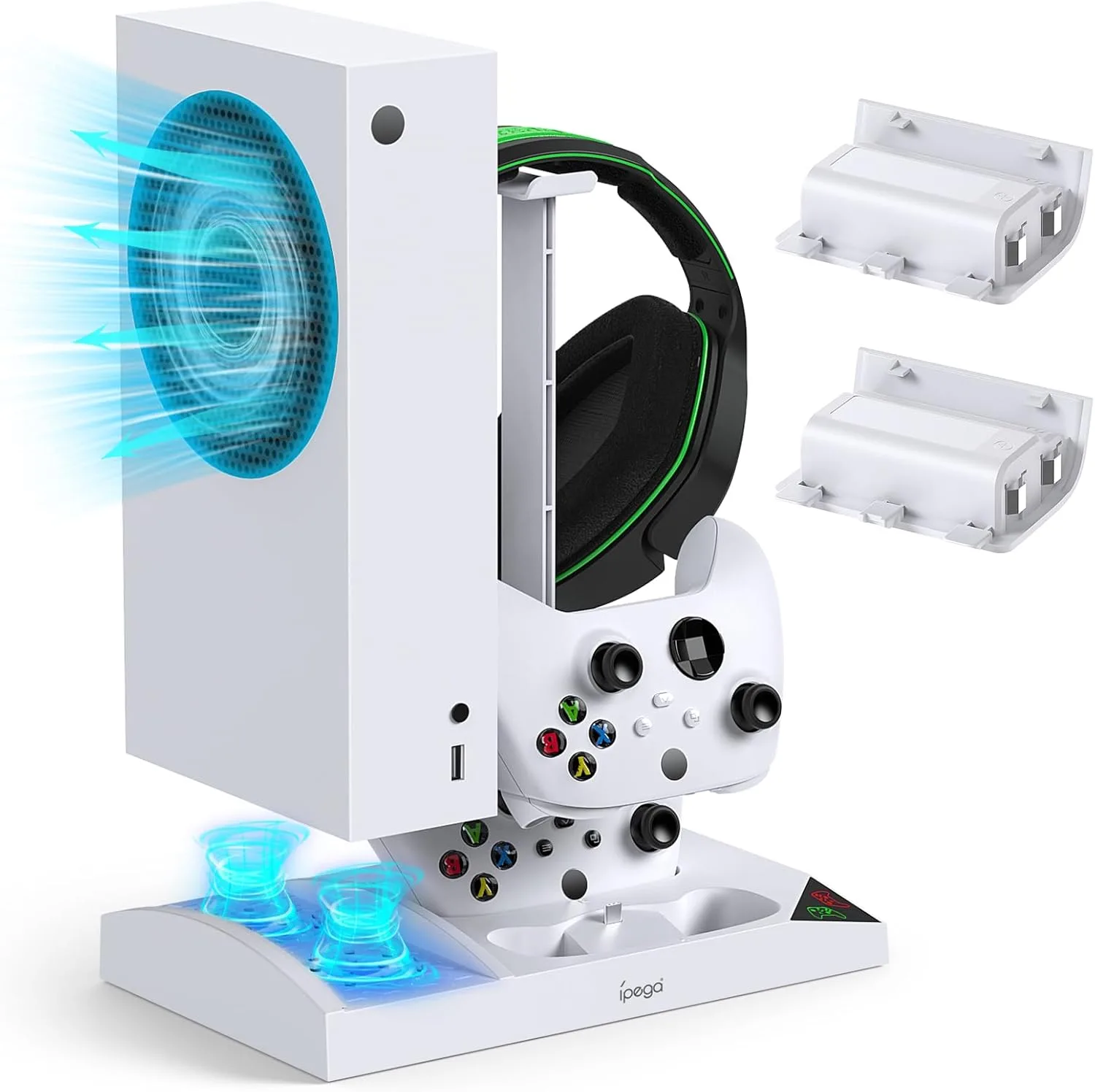 حامل شاحن مع مروحة تبريد لوحدة تحكم Xbox Series S ملحقات قاعدة شحن مزدوجة عمودية 2 × بطارية قابلة لاعادة الشحن 1400mAh وغطاء وحامل سماعة اذن لجهاز ابيض يو اس بي