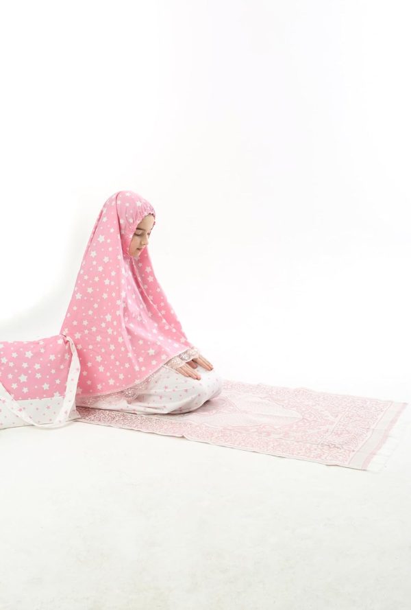 ⁦ملابس الصلاة للبنات من ELANESA ملابس أطفال إسلامية من قطعتين فساتين الصلاة طويلة مع وشاح رأس طويل ونجوم هدية وردية مطبوعة⁩ - الصورة ⁦4⁩