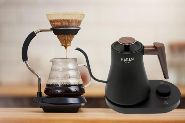 ⁦غلاية قهوة كهربائية حديثة V60 بشكل عنق أوزة مع تحكم في درجة الحرارة ووظيفة الحفاظ على الدفء وسريعة الغليان وصب سريع 600 مل من كيه ار ام، أسود⁩ - الصورة ⁦7⁩