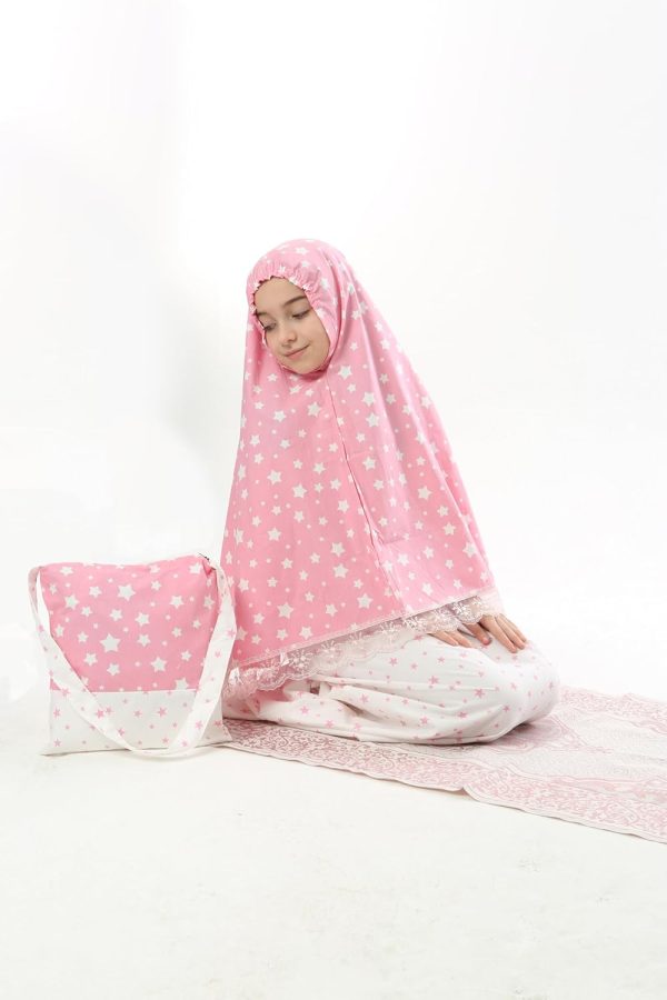⁦ملابس الصلاة للبنات من ELANESA ملابس أطفال إسلامية من قطعتين فساتين الصلاة طويلة مع وشاح رأس طويل ونجوم هدية وردية مطبوعة⁩ - الصورة ⁦6⁩