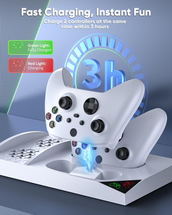 ⁦حامل شاحن مع مروحة تبريد لوحدة تحكم Xbox Series S ملحقات قاعدة شحن مزدوجة عمودية 2 × بطارية قابلة لاعادة الشحن 1400mAh وغطاء وحامل سماعة اذن لجهاز ابيض يو اس بي⁩ - الصورة ⁦2⁩