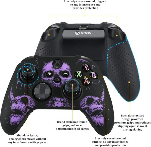 ⁦يورا غلاف سيليكون منحوت بالليزر لذراع تحكم Xbox Series X/S × 1 (جماجم ارجواني) مع مقابض ابهام حصرية × 8⁩ - الصورة ⁦3⁩