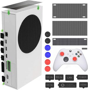 سدادات غبار لجهاز Xbox Series S - 7 قطع من سدادات الغبار من السيليكون و4 قطع شبكية من بلاستيك PVC، واجهة مشغل الأقراص المضغوطة USB HDMI LAN غطاء مضاد للغبار لـ Xbox Series S مع 6 اغطية لقبضة الابهام