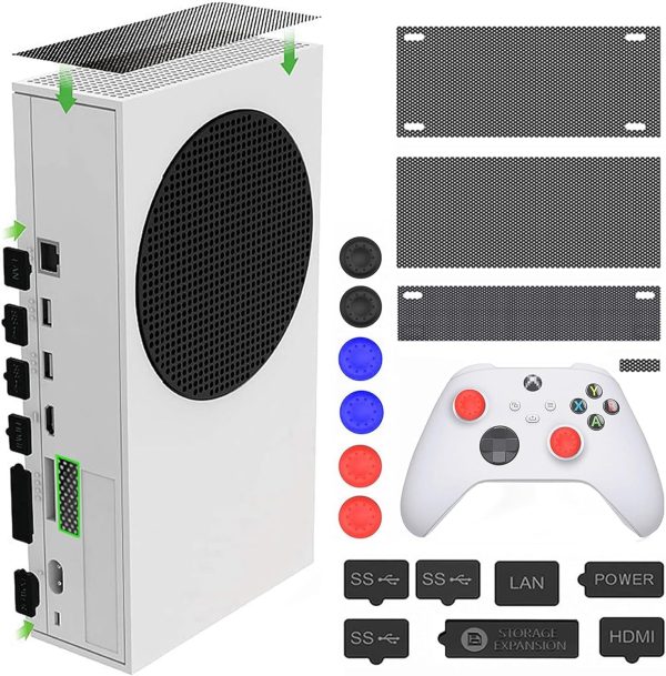 سدادات غبار لجهاز Xbox Series S - 7 قطع من سدادات الغبار من السيليكون و4 قطع شبكية من بلاستيك PVC، واجهة مشغل الأقراص المضغوطة USB HDMI LAN غطاء مضاد للغبار لـ Xbox Series S مع 6 اغطية لقبضة الابهام